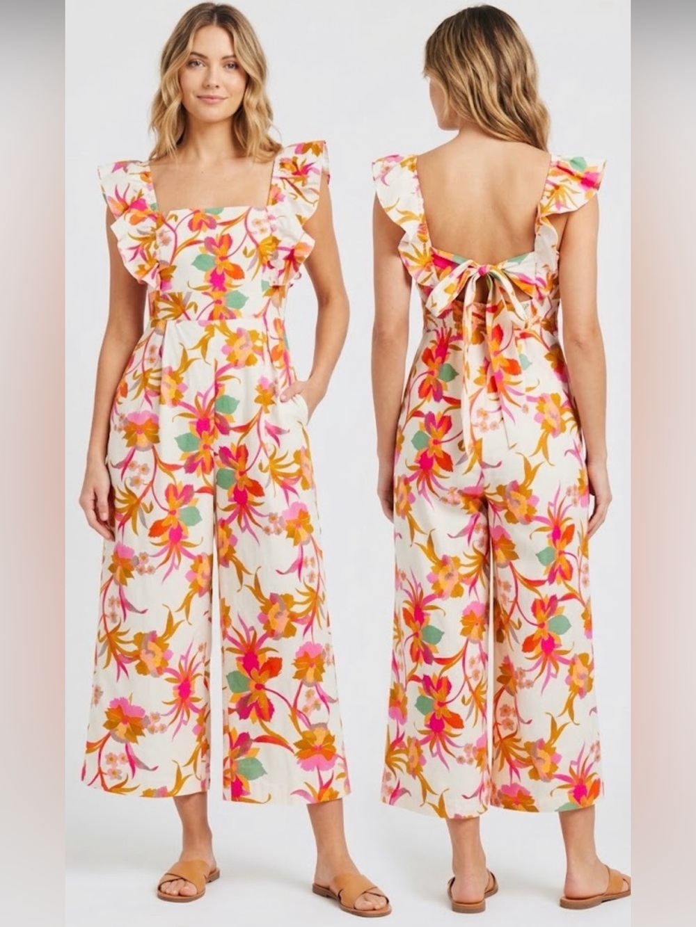 Taylor. Floral Ruffle-Shoulder Wide-Leg Jumpsuit. Size XL.